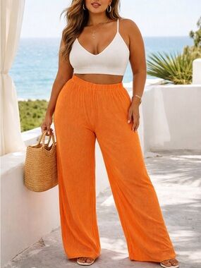 Wide-Leg Elastic Waist Pants in Bright Orange
